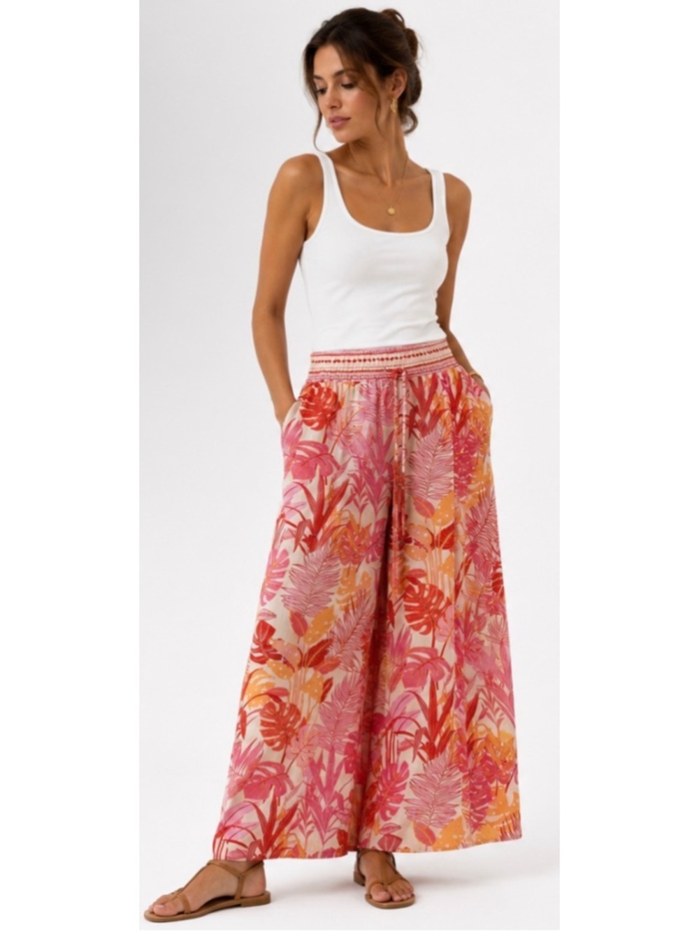 Haute Hippie Wide Leg Pants Size M Pink Orange Tropical Print Resort